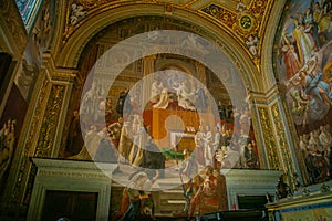 Interior of St. Peter`s Cathedral in the Vatican. Columns, paintings,