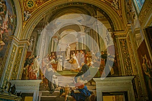 Interior of St. Peter`s Cathedral in the Vatican. Columns, paintings,