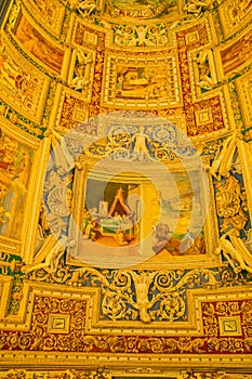 Interior of St. Peter`s Cathedral in the Vatican. Columns, paintings,