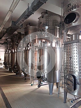 Interior of steel industrial machinery at wine manufacturing