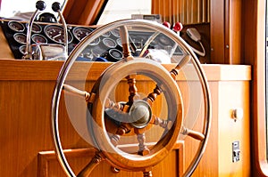 Interior steering wheel of large yacht boat