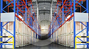 Interior of Storage Warehouse. Racks Pallets Shelves. Metal Construction. Row of Tall Shelf in Distribution Storehouse
