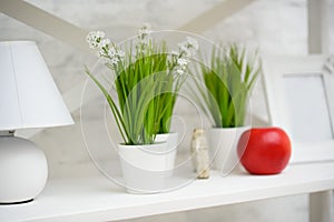 Interior in the studio, green grass in white pots and a red apple