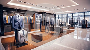Interior of stylish atelier with tailor workplace, mannequin and rack