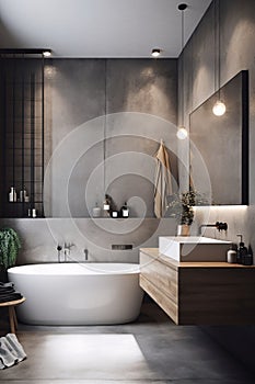 Interior of stylish bathroom with gray walls, concrete floor, comfortable white bathtub and wooden cupboards