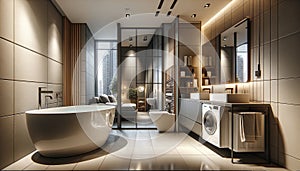 interior of a stylish bathroom in a modern apartment. The bathroom features a ceramic bathtub and a washbasin