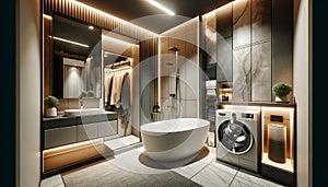 interior of a stylish bathroom in a modern apartment. The bathroom features a ceramic bathtub and a washbasin