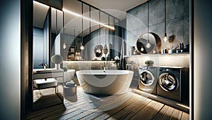 interior of a stylish bathroom in a modern apartment. The bathroom features a ceramic bathtub and a washbasin