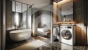 interior of a stylish bathroom in a modern apartment. The bathroom features a ceramic bathtub and a washbasin