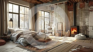 Interior of stylish bedroom with fireplace. Loft style room design.