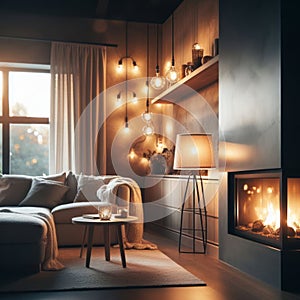 Interior of stylish dark living room with a modern lamp and fireplace, natural light, simple background, generative ai