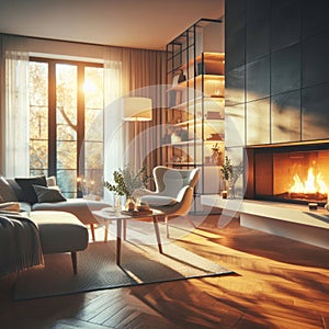 Interior of stylish dark living room with a modern lamp and fireplace, natural light, simple background, generative ai