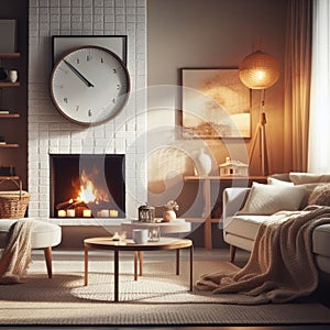 Interior of stylish dark living room with a modern lamp and fireplace, natural light, simple background, generative ai