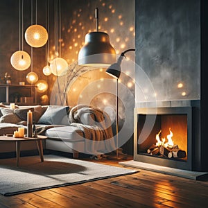 Interior of stylish dark living room with a modern lamp and fireplace, natural light, simple background, generative ai