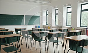 Interior of stylish empty classroom with backpacks and stationery