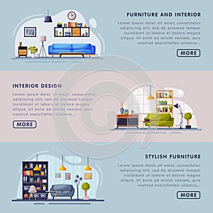 Interior and Stylish Furniture Design Landing Page Templates Set, Cozy Apartments Space, Comfy Furniture, Creation Home