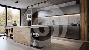 Interior of stylish kitchen with concrete walls, tiled floor, gray countertops and wooden cupboards