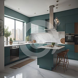 Interior of stylish kitchen with green and white walls, tiled floor, white countertops and wooden cupboards. ai generated
