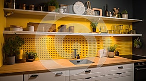 Interior of stylish kitchen with white counters, peg boards and yellow wall, generative ai