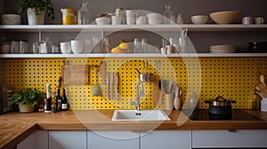 Interior of stylish kitchen with white counters, peg boards and yellow wall, generative ai