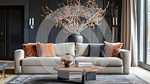 Interior of stylish living room with cozy sofa, coffee table and blooming tree branches in vase