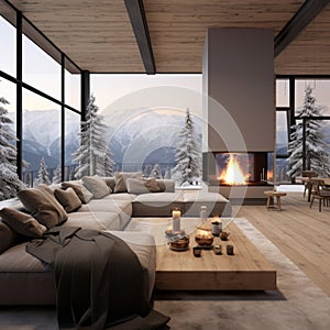 Interior of stylish living room with fireplace. Winter view from window on mountain