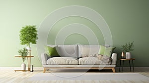 Interior of stylish living room with light green sofa and light grey wall created with Generative AI
