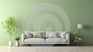 Interior of stylish living room with light green sofa and light grey wall created with Generative AI