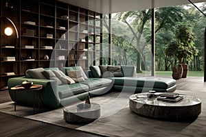 Interior of stylish living room in modern villa. Green cushioned furniture, round coffee table, rug on the floor, glass