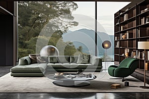 Interior of stylish living room in modern villa. Green cushioned furniture, round coffee table, rug on the floor, glass