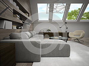 Interior of stylish mansard room 3D rendering 3