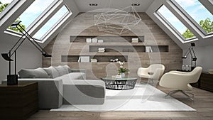 Interior of stylish mansard room 3D rendering