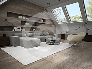 Interior of stylish mansard room 3D rendering 4