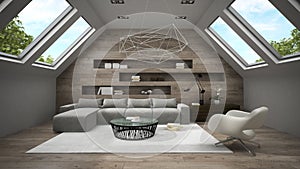 Interior of stylish mansard room 3D rendering 2