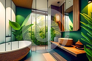 The interior of a stylish modern bathroom in a hotel on the island of Bali. Bathroom with wood elements and large green