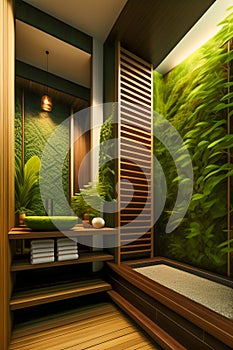 The interior of a stylish modern bathroom in a hotel on the island of Bali. Bathroom with wood elements and large green