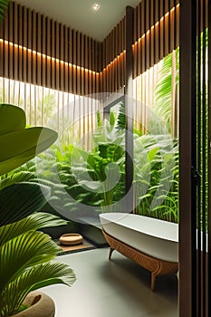 The interior of a stylish modern bathroom in a hotel on the island of Bali. Bathroom with wood elements and large green