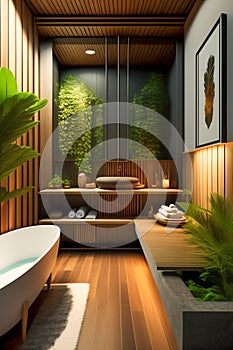 The interior of a stylish modern bathroom in a hotel on the island of Bali. Bathroom with wood elements and large green