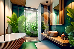 The interior of a stylish modern bathroom in a hotel on the island of Bali. Bathroom with wood elements and large green