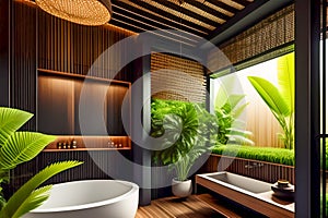 The interior of a stylish modern bathroom in a hotel on the island of Bali. Bathroom with wood elements and large green