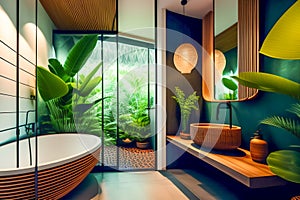 The interior of a stylish modern bathroom in a hotel on the island of Bali. Bathroom with wood elements and large green