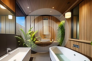 The interior of a stylish modern bathroom in a hotel on the island of Bali. Bathroom with wood elements and large green