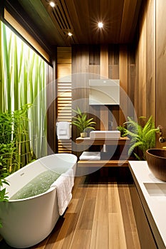 The interior of a stylish modern bathroom in a hotel on the island of Bali. Bathroom with wood elements and large green