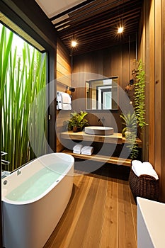 The interior of a stylish modern bathroom in a hotel on the island of Bali. Bathroom with wood elements and large green