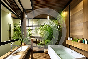 The interior of a stylish modern bathroom in a hotel on the island of Bali. Bathroom with wood elements and large green