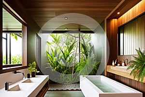 The interior of a stylish modern bathroom in a hotel on the island of Bali. Bathroom with wood elements and large green