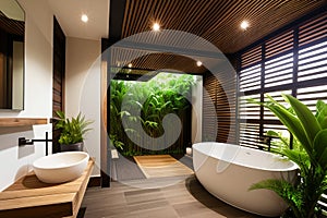 The interior of a stylish modern bathroom in a hotel on the island of Bali. Bathroom with wood elements and large green