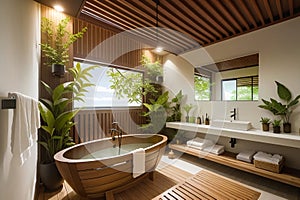 The interior of a stylish modern bathroom in a hotel on the island of Bali. Bathroom with wood elements and large green