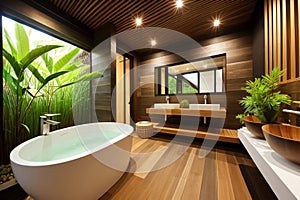 The interior of a stylish modern bathroom in a hotel on the island of Bali. Bathroom with wood elements and large green