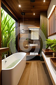 The interior of a stylish modern bathroom in a hotel on the island of Bali. Bathroom with wood elements and large green